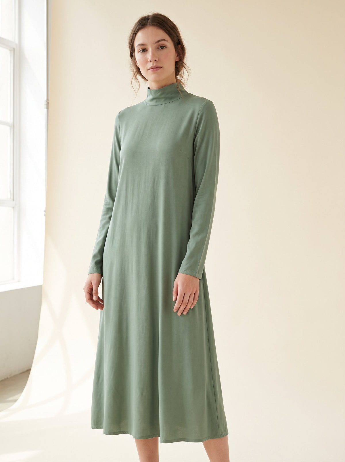 Amelia elegant sage green long sleeve high neck midi dress