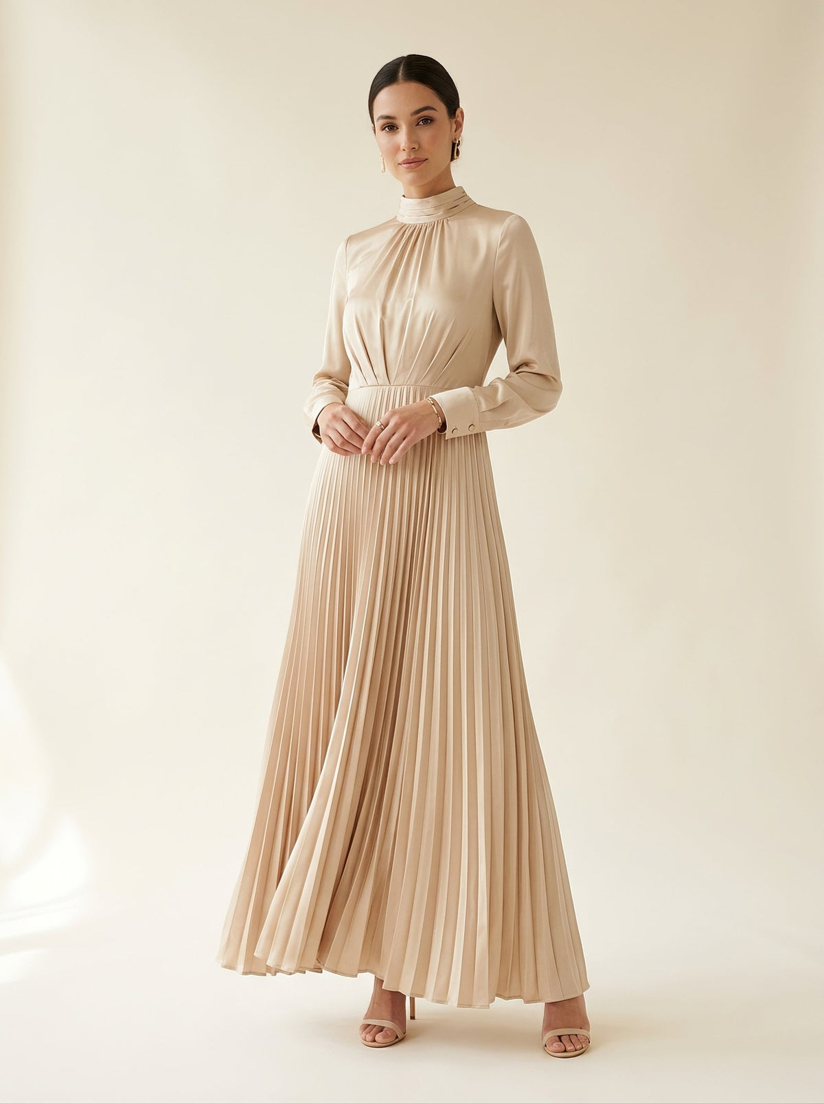 Florence champagne high neck pleated occasion maxi dress