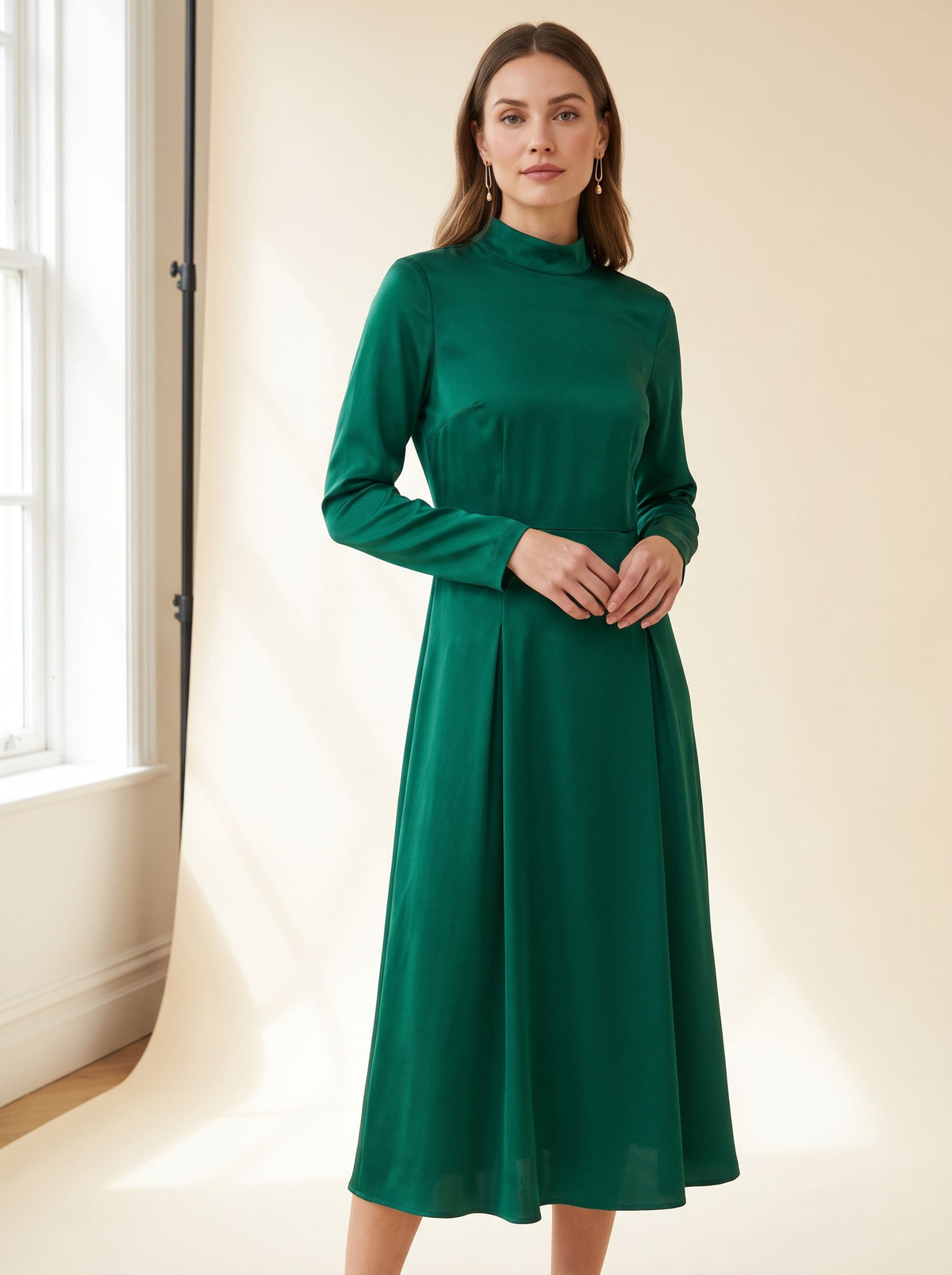 Sophia emerald long sleeve wedding guest midi dress