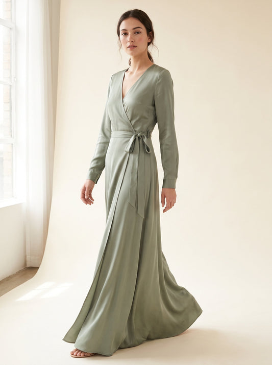 Charlotte sage green long sleeve wrap maxi dress